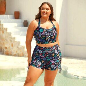 NWT PLUS sz 2X/3X Rainbow SeaShell Mermaid 2 pc bathing Swimsuit Longline Modest